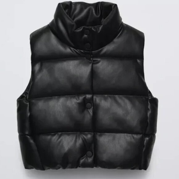Zara Womens Black Leather Puffer Vest - Picture 1 of 4